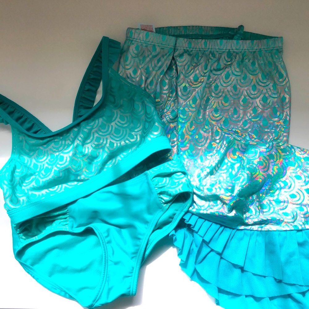 Girls 7/8 cat & jack teal 3 piece mermaid tankini with “tail” skirt set